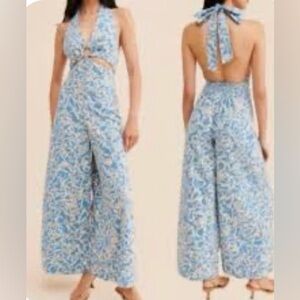 Free People Kira Light Blue Paisley Halter Back-Tie Jumpsuit Boho Wide Leg Sz L